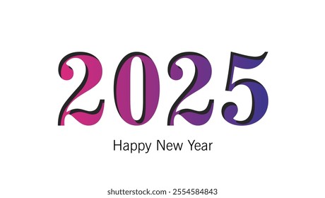 The image is a New Year greeting card featuring the year 2025 in a colorful stylized font with a pink to purple gradient Happy New Year is written below in a smaller font Simple and elegant


