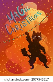 Image New Year picture postcard with the image of a cat hanging on a garland with lettering magic Christmas