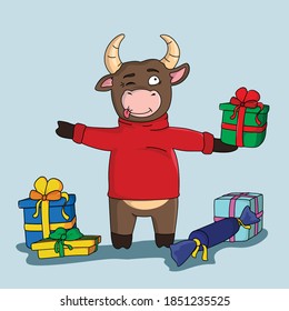 Image of a New Year's bull with gifts
