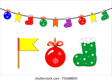 The image of the New Year's decoration, which is a stretched rope with New Year's objects attached to it, such as: Santa Claus's boot, Christmas ball, holiday flag.