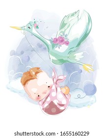 An image of a newborn baby for assembling a cute baby shower card floating in the sky with Heron postman.