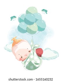 An image of a newborn baby for assembling a cute baby shower card floating in the sky with a balloon.