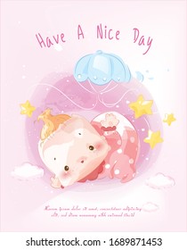 An image of a newborn baby for assembling a cute baby shower card floating in the sky with a balloon.