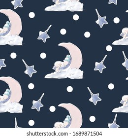 An image of a newborn baby for assembling a cute baby shower card illustration and seamless pattern.