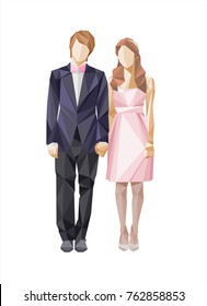 Image newlyweds in formal attire holding hands in a cubic style. Vector illustration. All elements on layers.