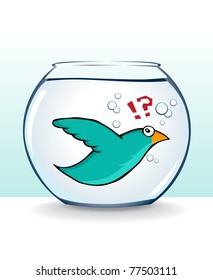 image of nice cute cartoon bird flying in fish bowl. Wrong place in wrong time