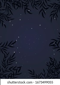 image of the night sky with silhouettes of trees along the edges. Vector image of a night sky with stars and trees. A glance at the night starry sky from below through trees, branches and leaves.