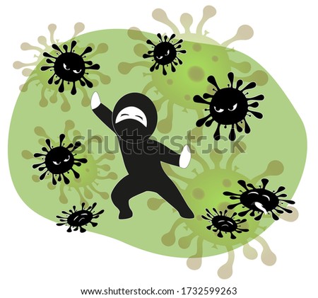 Image of a ninja and coronavirus in cartoon style on a green background. Samurai fights and defeats the global pandemic. EPS10 vector illustration