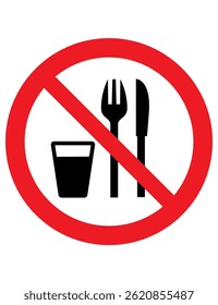 The image is a No Food or Drink sign. It shows a burger and a drink with a straw, crossed out with a red diagonal line inside a red circle. This means eating and drinking are not allowed in that are.