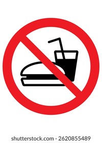 The image is a No Food or Drink sign. It shows a burger and a drink with a straw, crossed out with a red diagonal line inside a red circle. This means eating and drinking are not allowed in that are.
