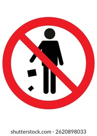 The image is a "No Littering" sign. It shows a person throwing trash with a red circle and a diagonal line, indicating that littering is not allowed in the area.