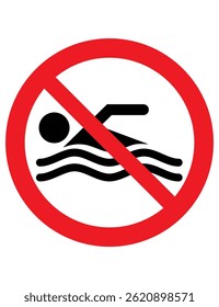 The image is a "No Swimming" sign. It shows a person swimming, crossed out with a red circle and diagonal line, indicating that swimming is not allowed in the area.