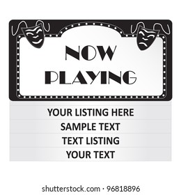 Image of a "Now Playing" cinema sign isolated on a white background.