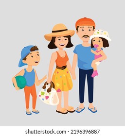 Image Of Nuclear Family Going To Sea For Traveling. Summer Season Holidays, Sunny Days And Sea Pleasure Concepts.