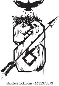 Image of an occult symbol of infinity in the form of two woven birds. The symbol pierces the arrow. The bird takes off from the nest.