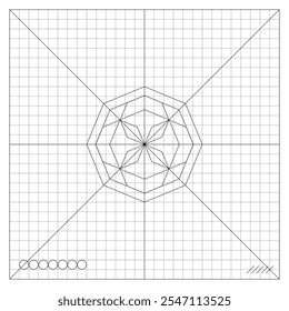 Imagen de octógonos conectados en el punto central en figura compleja en hoja de cuaderno de papel a cuadros. Hoja de papel escolar forrada en una jaula con dibujo matemático de figura compleja