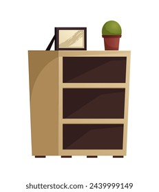 Image of office furniture. A cartoon pattern adorns stylish shelves, giving it charm and character against a white background. Vector illustration.