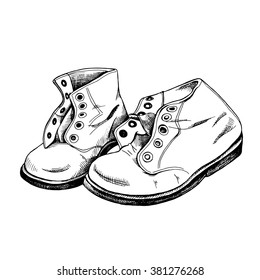Image of a old boots. Vector black and white illustration.