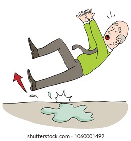 An image of a Old Elderly Senior Man Slipping on Wet Floor.