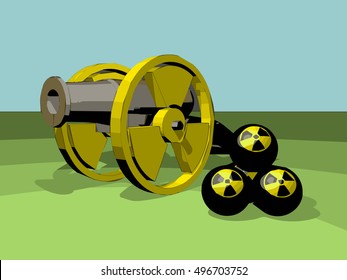 the image of an old gun with nuclei, and signs of radiation