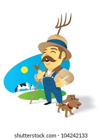 an image of an old happy farmer in his farm with his dog and his cattle, in blue background. useful as farm clip-art, illustration about agriculture or anything you can think of