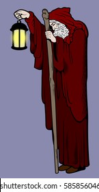 Image of an old man, a hermit with a glowing lamp and a stick