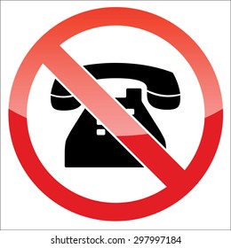 Image of old phone, behind NO sign, on white background