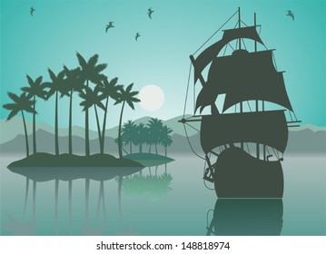 The image of an old sailing vessel on a green background with the moon, birds and islands