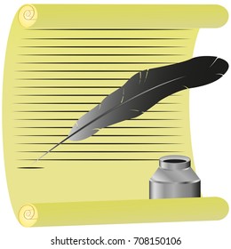 An image of an old scroll, a pen for writing and an ink cartridg