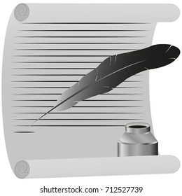 An image of an old scroll, a pen for writing and an ink cartridge