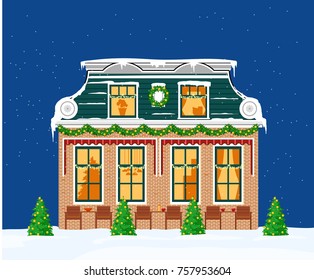 Image of old-style house with green roof and christmas decorations. Flat style.