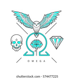 The image of omega sign with owl, skull, diamond and carnation flower