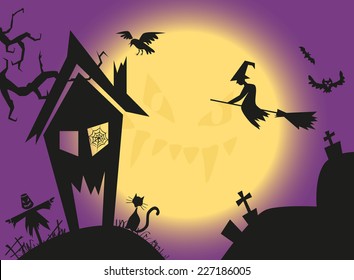 image on background of the moon and a witch on a broom at home