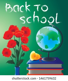 image on the school theme with poppies, a globe and a bell