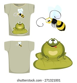 The image on the shirt. The picture frog green round watching the bee.