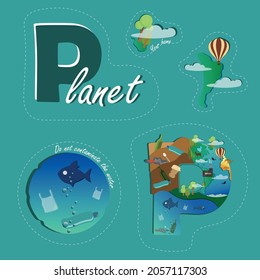 Image on the theme of ecology. Planet and environmental pollution. Vector stickers.