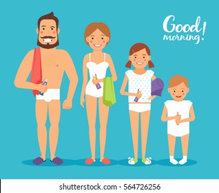 Image on theme of hygiene -parents and children after morning procedures