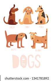 Image on the topic pets. Set of funny cartoon dogs of different breeds. Vector illustration.