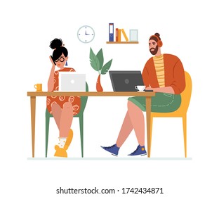 Image on the topic of work at home, concept. Young woman and man working on laptops online. People at home in quarantine. Isolated on a white background. Vector illustration.