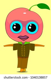 An image of one character standing and spreading his arms. The head of the object is an apple with eyes.