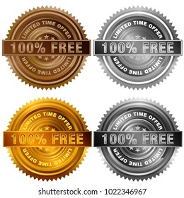 An image of a One Hundred Percent Free Limited Time Offer Bronze Silver Gold Platinum Stamp Set isolated on white.