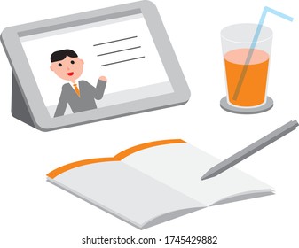 Image of online education. Tablet device, notebook and drink