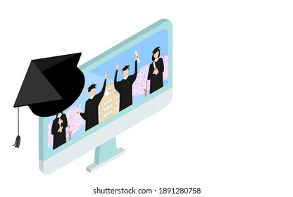 Image of online graduation ceremony, graduates on monitor, isometric