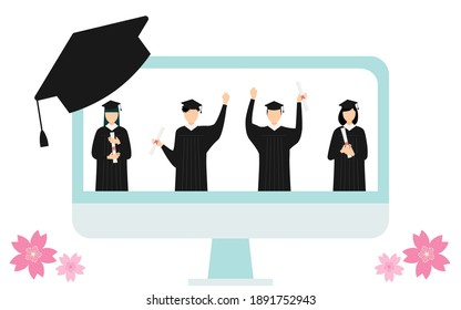 Image of online graduation ceremony, graduates on the monitor