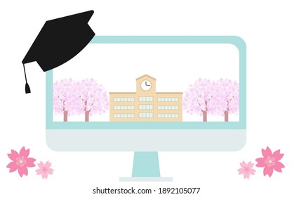 Image of online graduation ceremony, school scenery on the monitor
