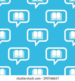 Image of open book in chat bubble, repeated on blue background