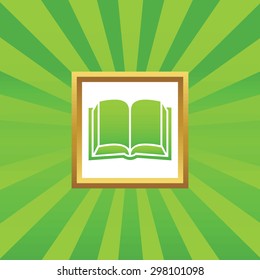 Image of open book in golden frame, on green abstract background