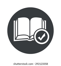 Image of open book with tick mark in black circle, isolated on white