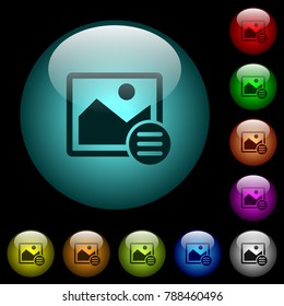 Image options icons in color illuminated spherical glass buttons on black background. Can be used to black or dark templates