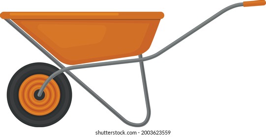 An image of an orange garden wheelbarrow, for working in the garden. Construction wheelbarrow for cargo transportation. Vector illustration isolated on a white background